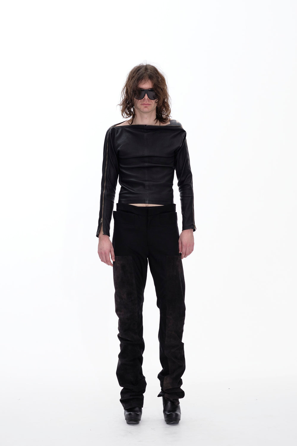 LEATHER PANEL SUIT PANTS - BLACK