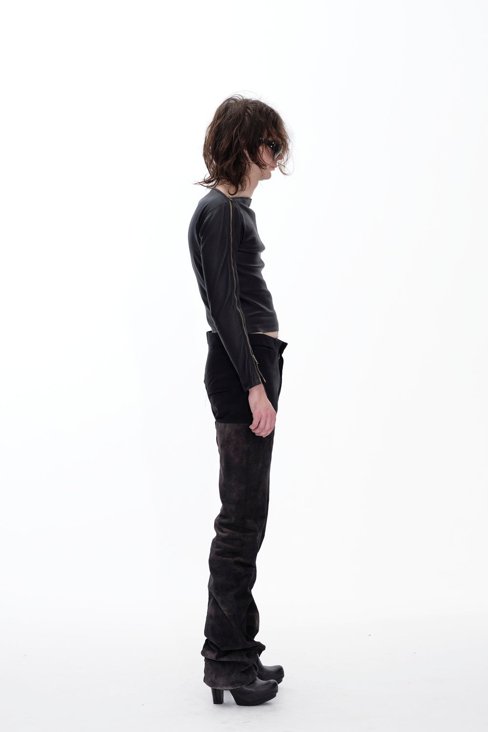 LEATHER PANEL SUIT PANTS - BLACK