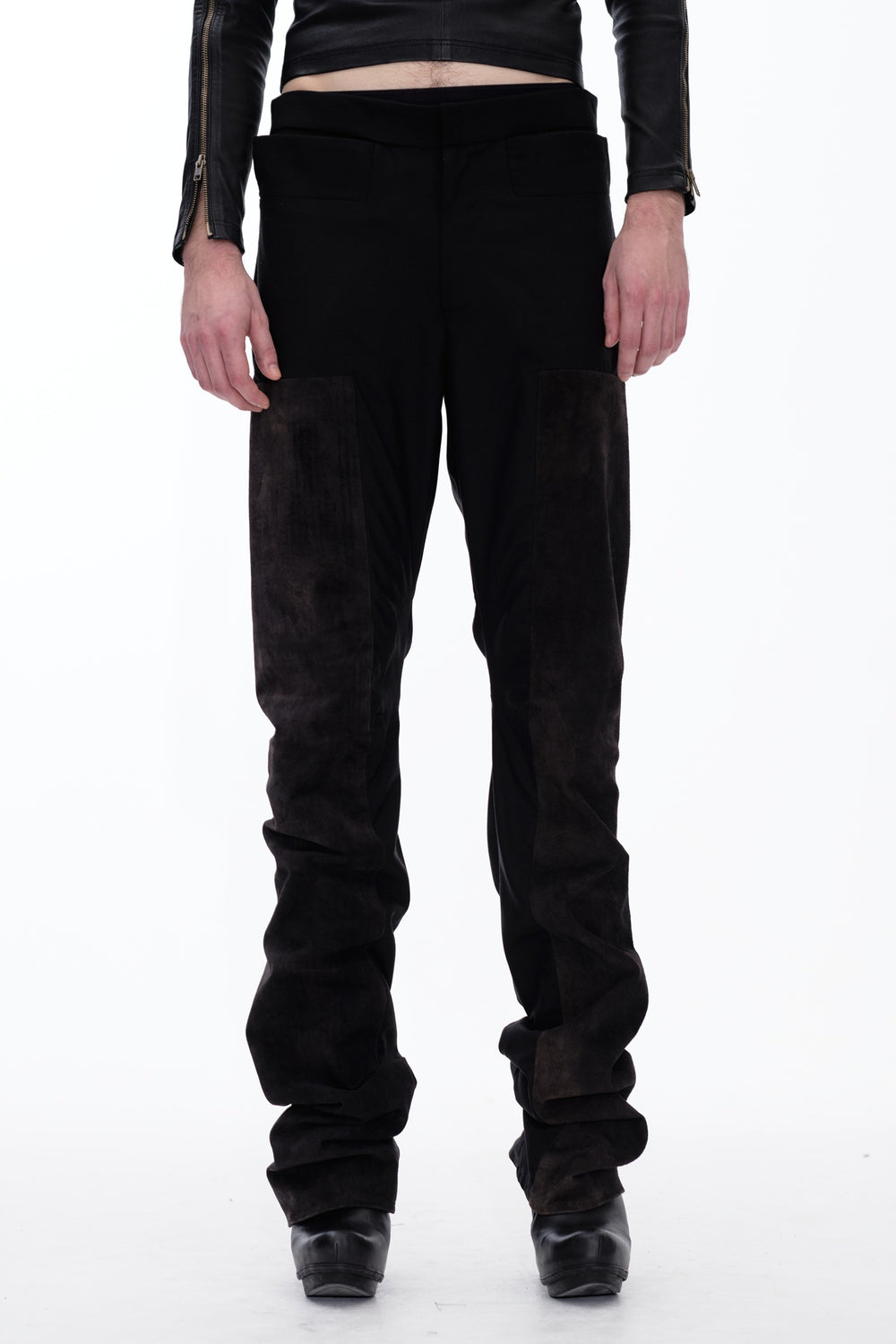 LEATHER PANEL SUIT PANTS - BLACK