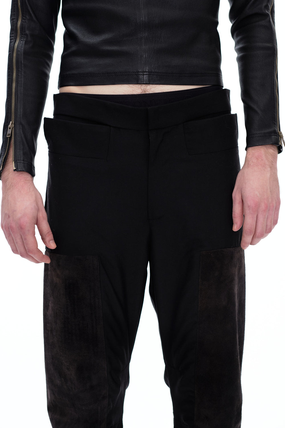 LEATHER PANEL SUIT PANTS - BLACK