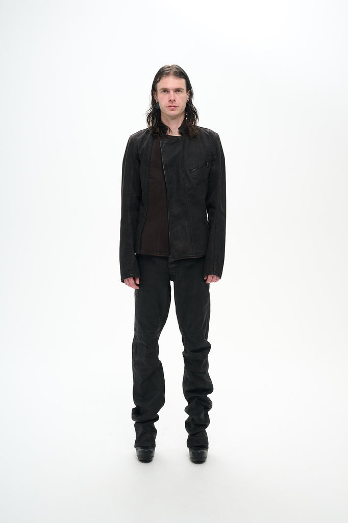 COATED BIKER JACKET - DARK BROWN