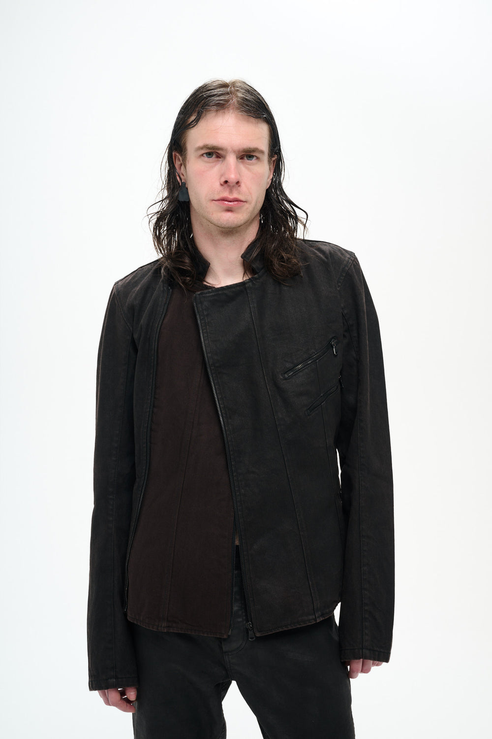 COATED BIKER JACKET - DARK BROWN